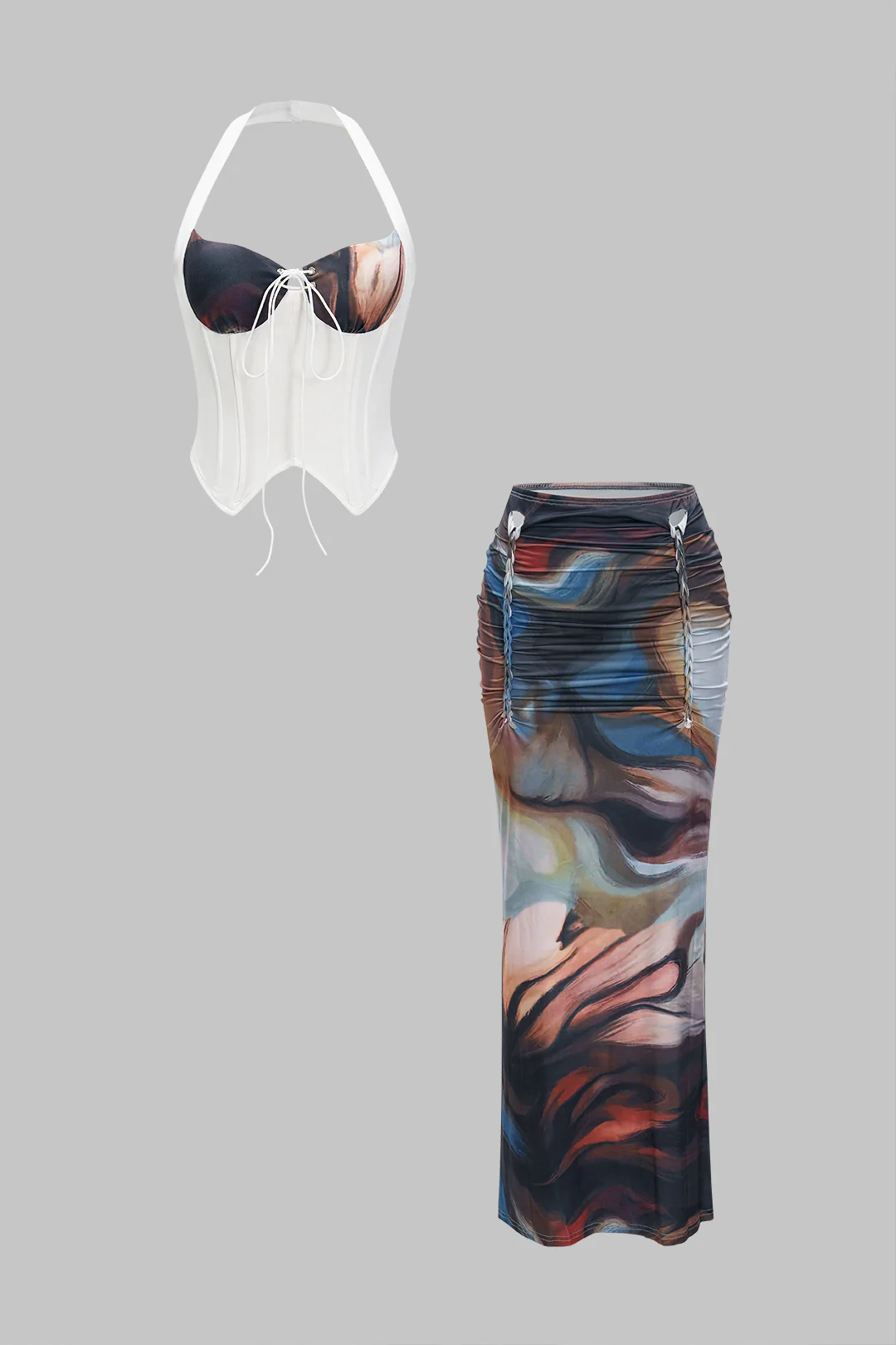 Halter Neck Bustier Drawstring Tank Top And Ruched Skirt Set - Weenar