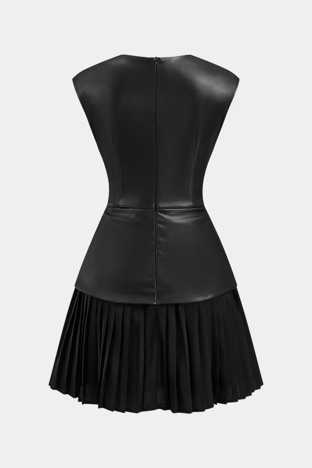 Faux Leather Patchwork Pleated Short Sleeve Mini Dress - Weenar
