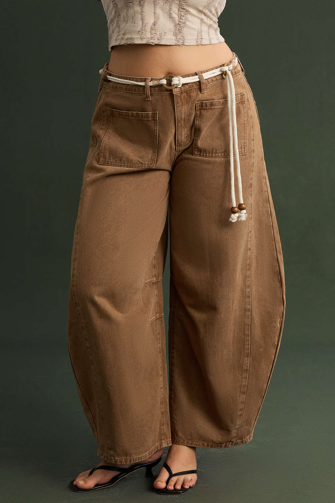 Plus Size Denim Low Waist Beaded Belted Jeans - Weenar