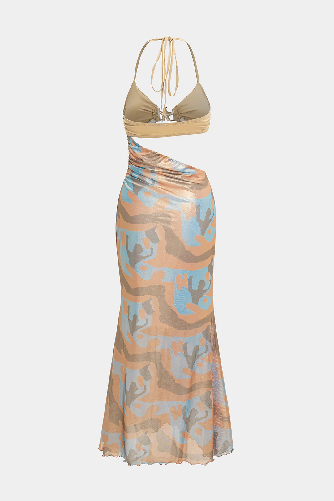 Abstract Print Satin Tie-Up Halter Neck Cut Out Sleeveless Maxi Dress - Weenar