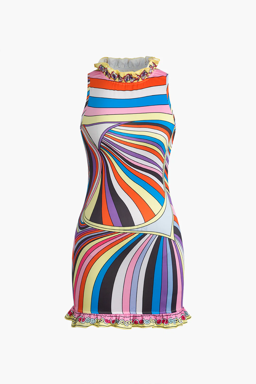 Geometric Stripes Print Scallop Edge Sleeveless Mini Dress - Weenar