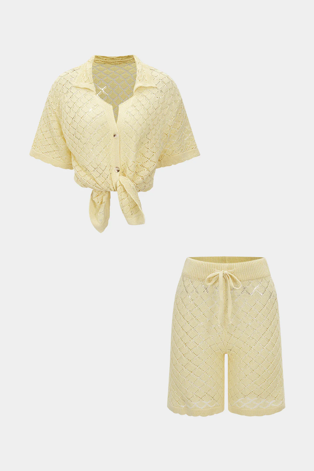 Knit Hollow Out Button Short-Sleeve And Drawstring Shorts Set - Weenar