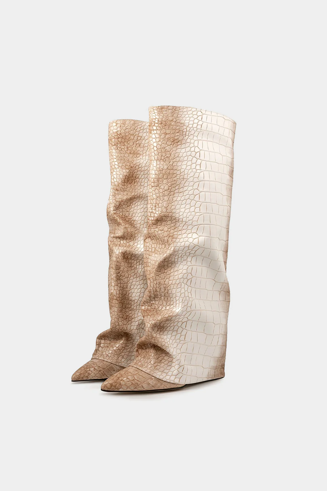 Ombre Crocodile Skin Leather Ruched Zipper Pointed Mid Calf Boots - Weenar