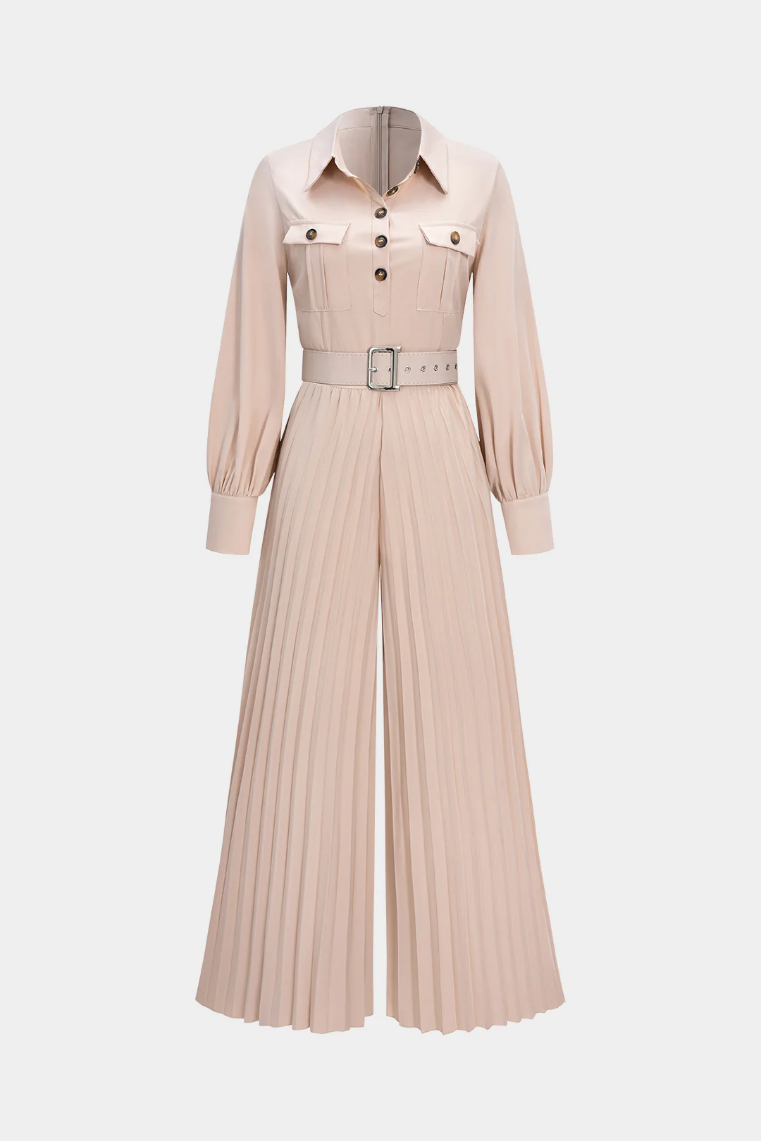 Pleated Belted Wide Leg Long Sleeve Jumpsuit - Weenar