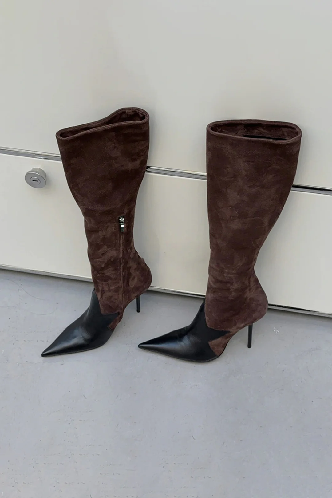 Leather Patchwork Side Zipper Pointed High Heel Over The Knee Boots - Weenar