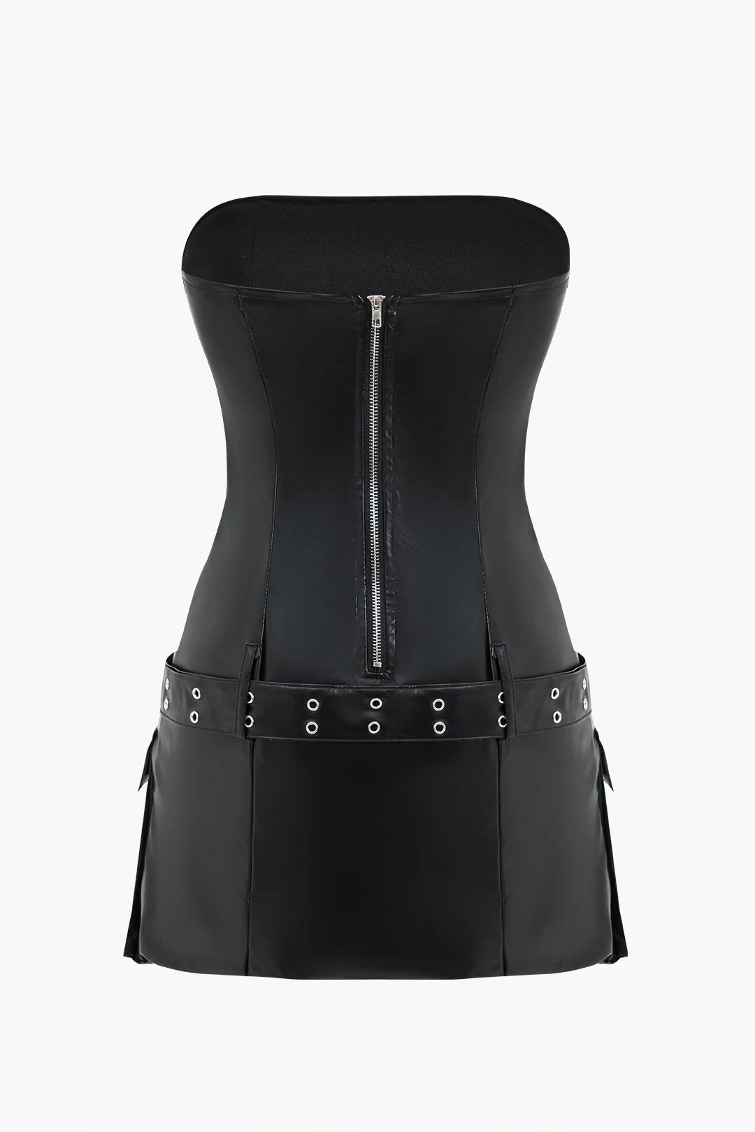Faux Leather Strapless Pleated Belted Sleeveless Mini Dress - Weenar