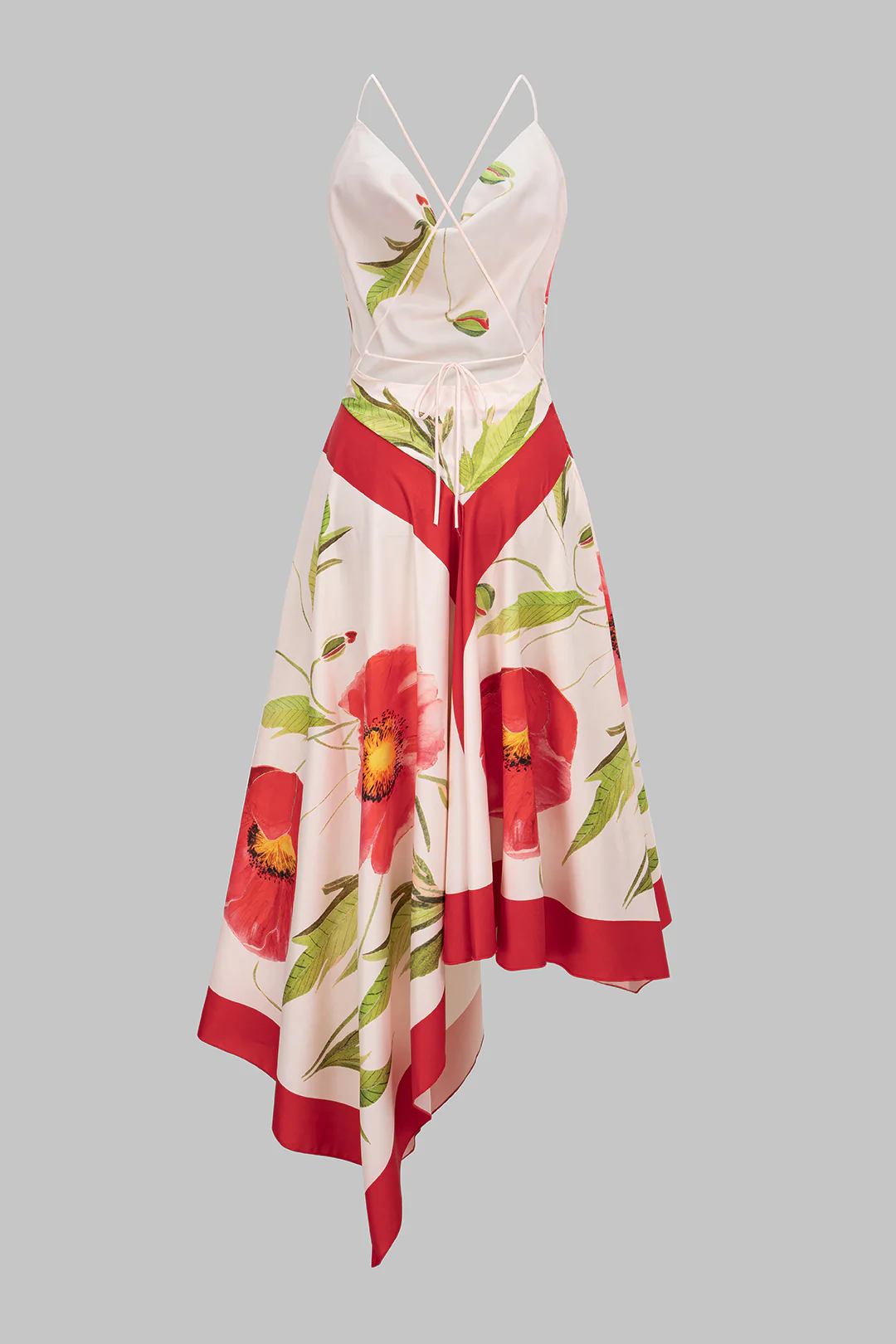 Floral Print Draped Cowl Neck Crossed Backless Slip Sleeveless Midi Dress - Weenar
