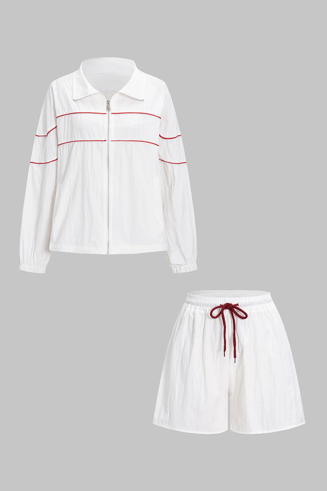 Contrast Binding Zipper Long-Sleeve Top And Tie-Up Wide Leg Shorts Set - Weenar