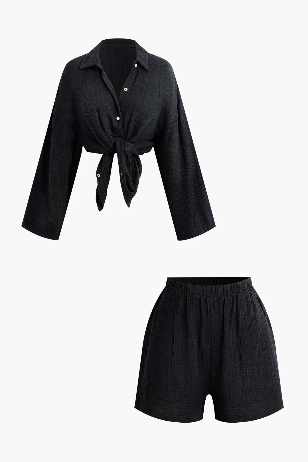 Button Long Sleeve Lapel Shirt And High Waist Wide Leg Shorts Set - Weenar