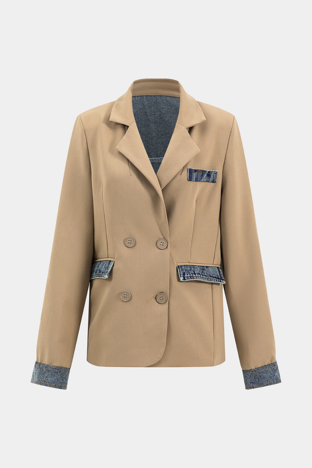 Notched Lapel Denim Patchwork Blazer - Weenar