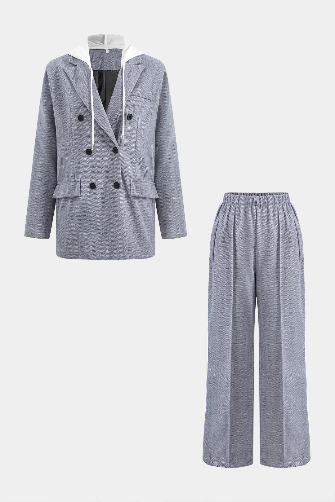Hooded Double-Breasted Blazer And Shirred Waistband Pants Set - Weenar