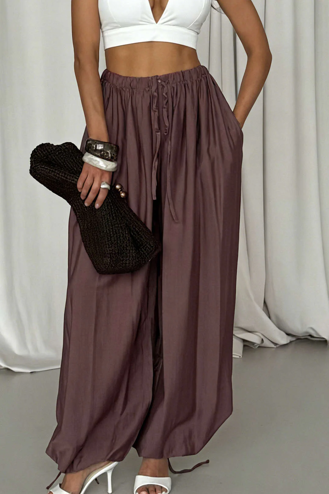 Ruched Drawstring Tie-Up High Waist Pants - Weenar