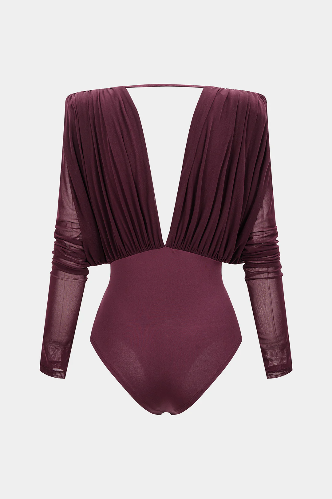 Mesh Ruched V-Neck Long Sleeve Bodysuit - Weenar