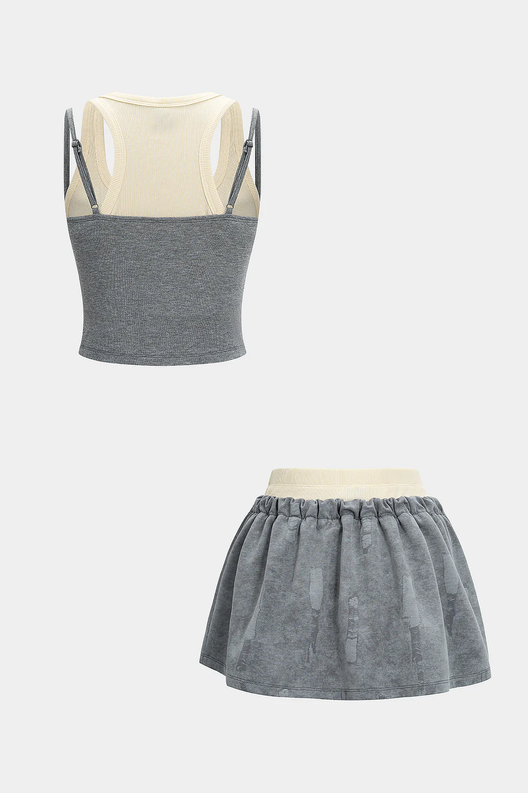 Patchwork Tank Top And Double Waistband Drawstring Skirt Set - Weenar