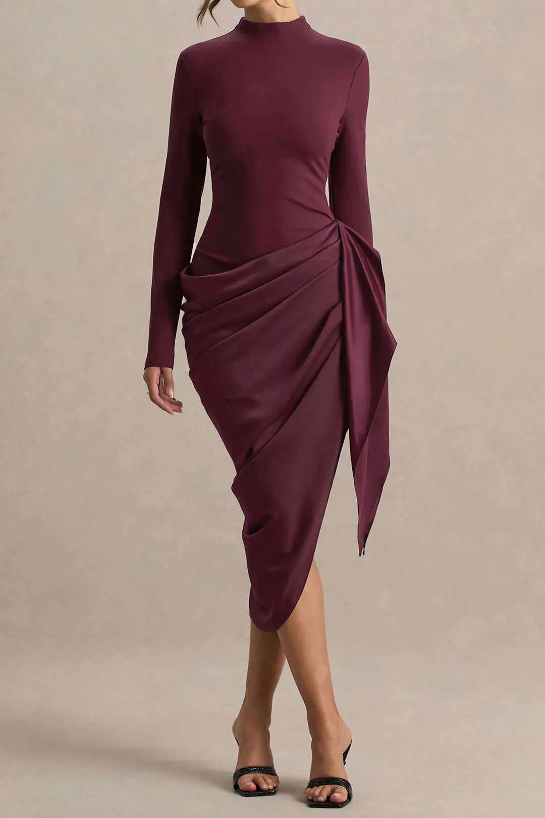 Satin Patchwork Ruched Asymmetrical Long Sleeve Midi Dress - Weenar