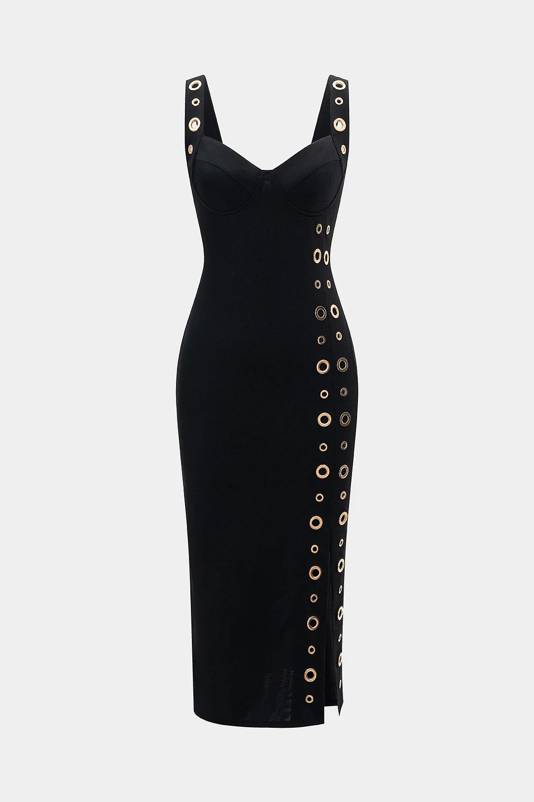 Metallic Eyelet Zipper Sleeveless Midi Dress - Weenar