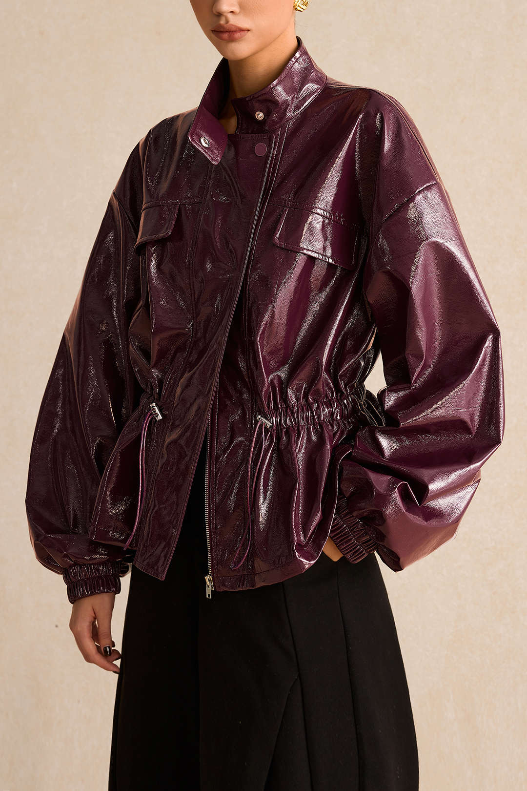 Faux Leather Drawstring Pocket Jacket - Weenar