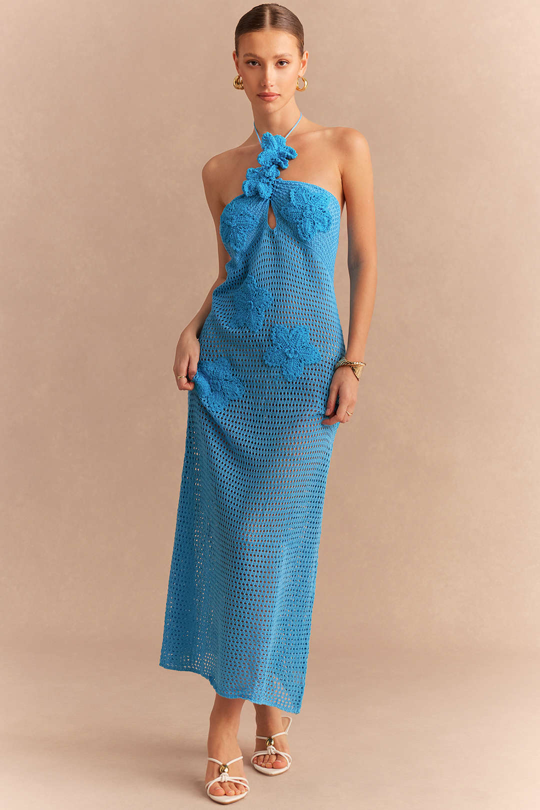 Knit Hollow Out Halter Neck Tie Back Asymmetrical Floral Sleeveless Dress - Weenar