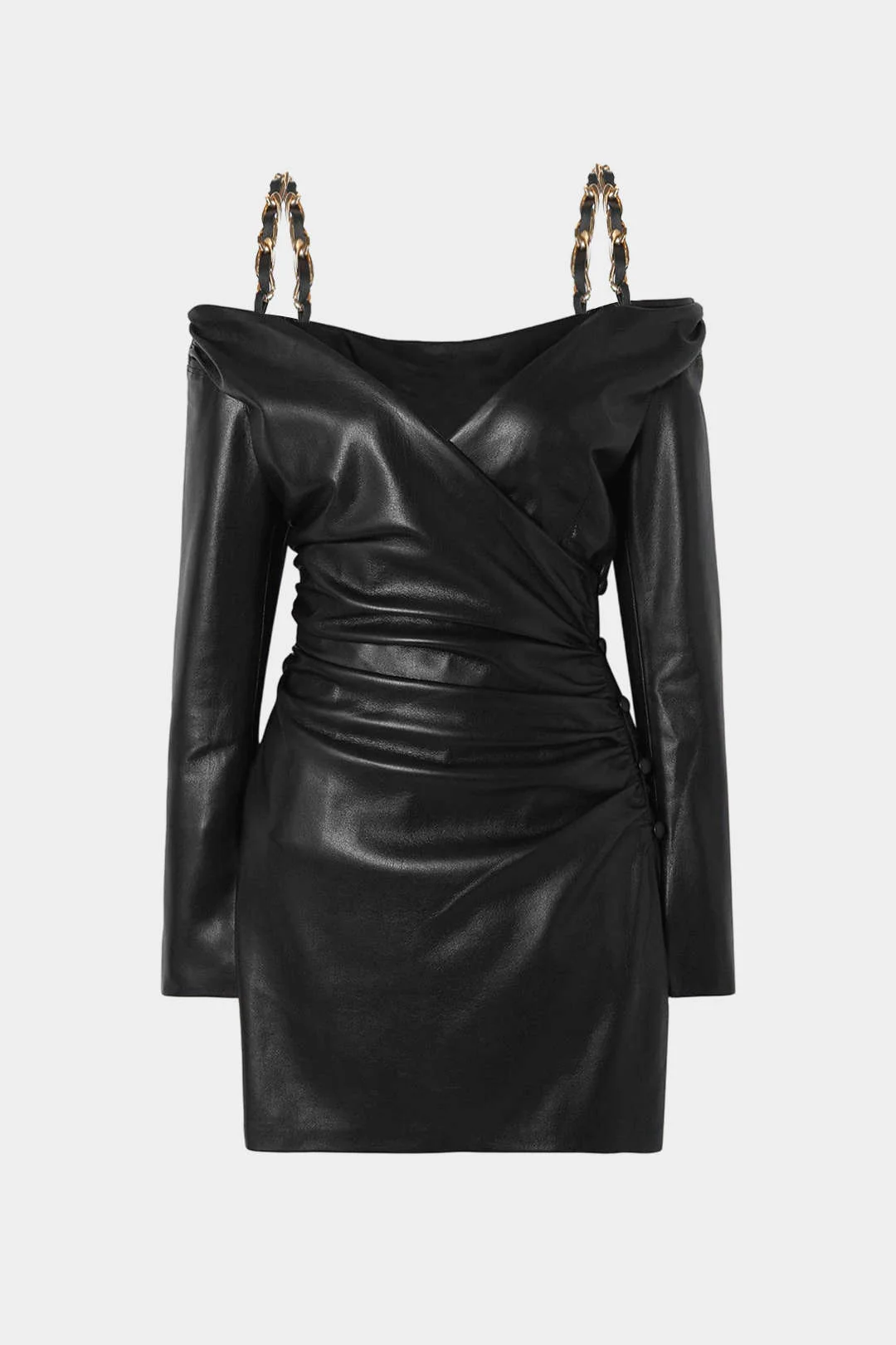 Faux Leather Chain Off Shoulder Long Sleeve Mini Dress - Weenar