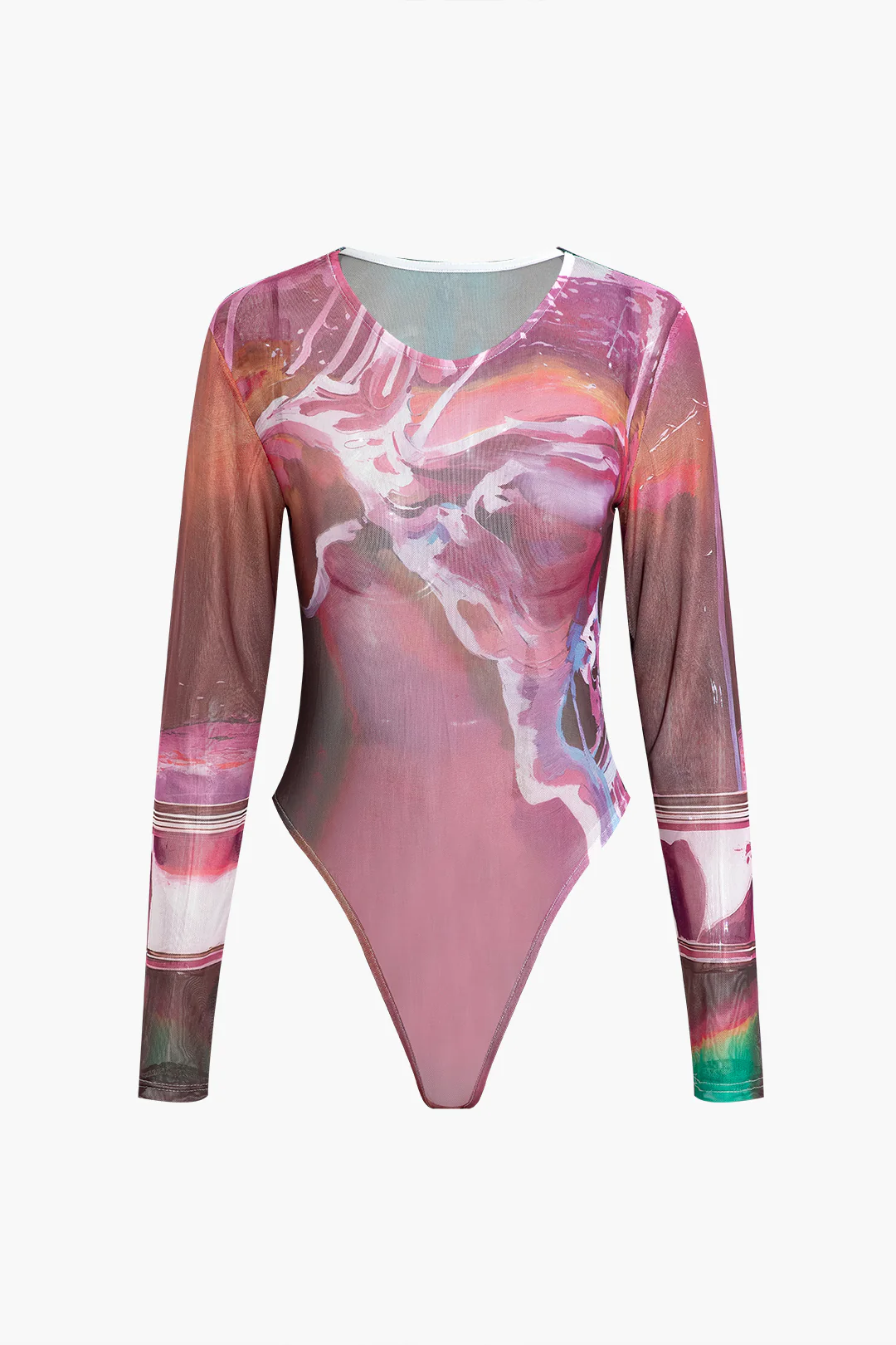 Mesh Abstract Print Round Neck Long Sleeve Bodysuit - Weenar