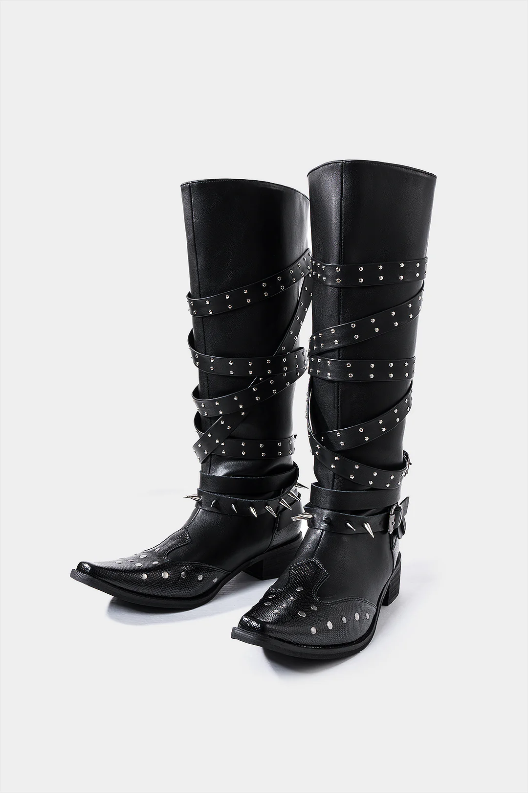 Leather Studded Pointed Toe Knee High Boots - Weenar