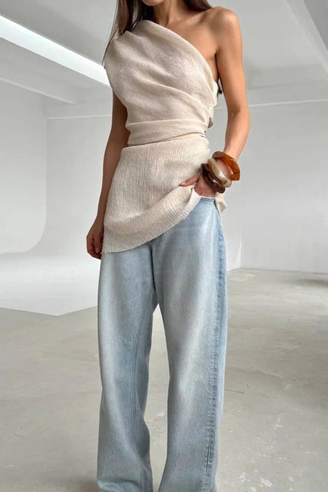 Knit One Shoulder Ruched Tank Top - Weenar