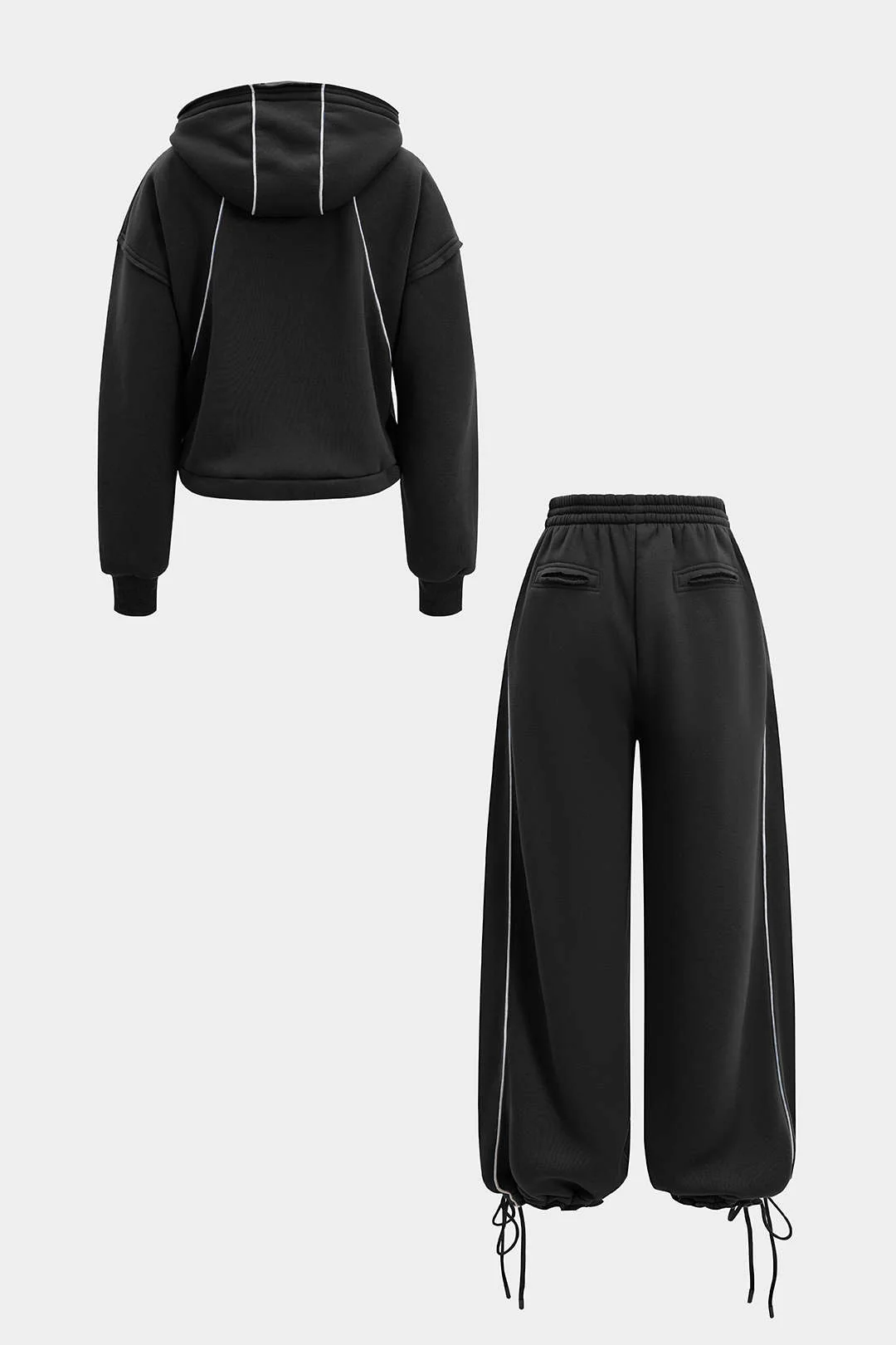 Drawstring Zipper Hoodie And Straight Leg Tie-Up Trousers Set - Weenar