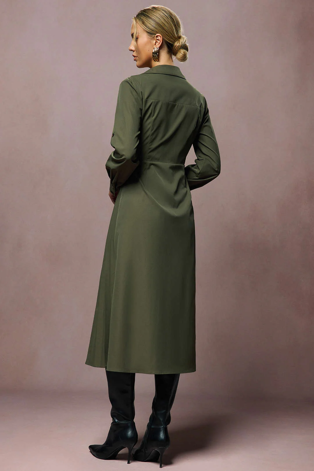 Tie-Up V-Neck Long Sleeve Midi Dress - Weenar