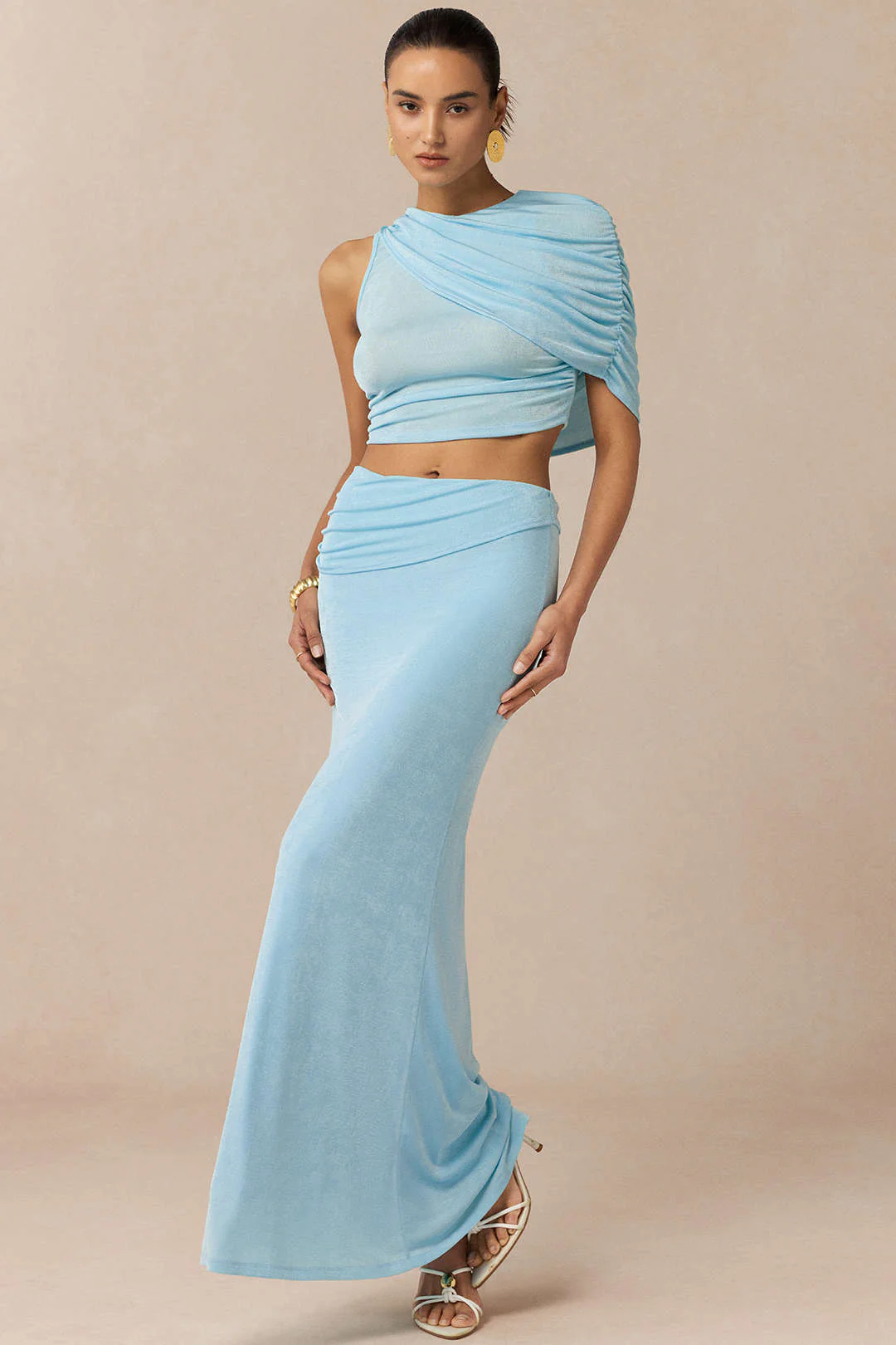 Asymmetrical Ruched Cropped Top And Maxi Skirt Set - Weenar