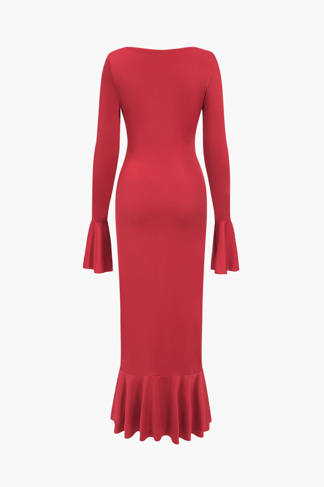 V-Neck Twist Knot Ruched Ruffle Long Sleeve Maxi Dress - Weenar