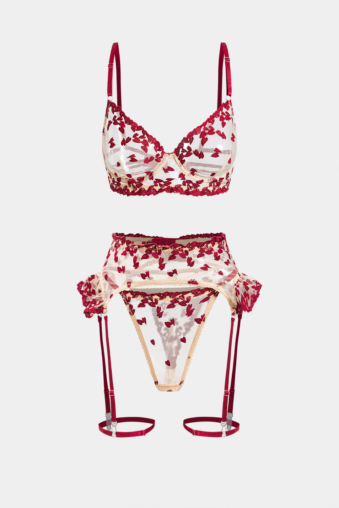 Mesh Sheer Embroidery Lingerie Garter Set - Weenar