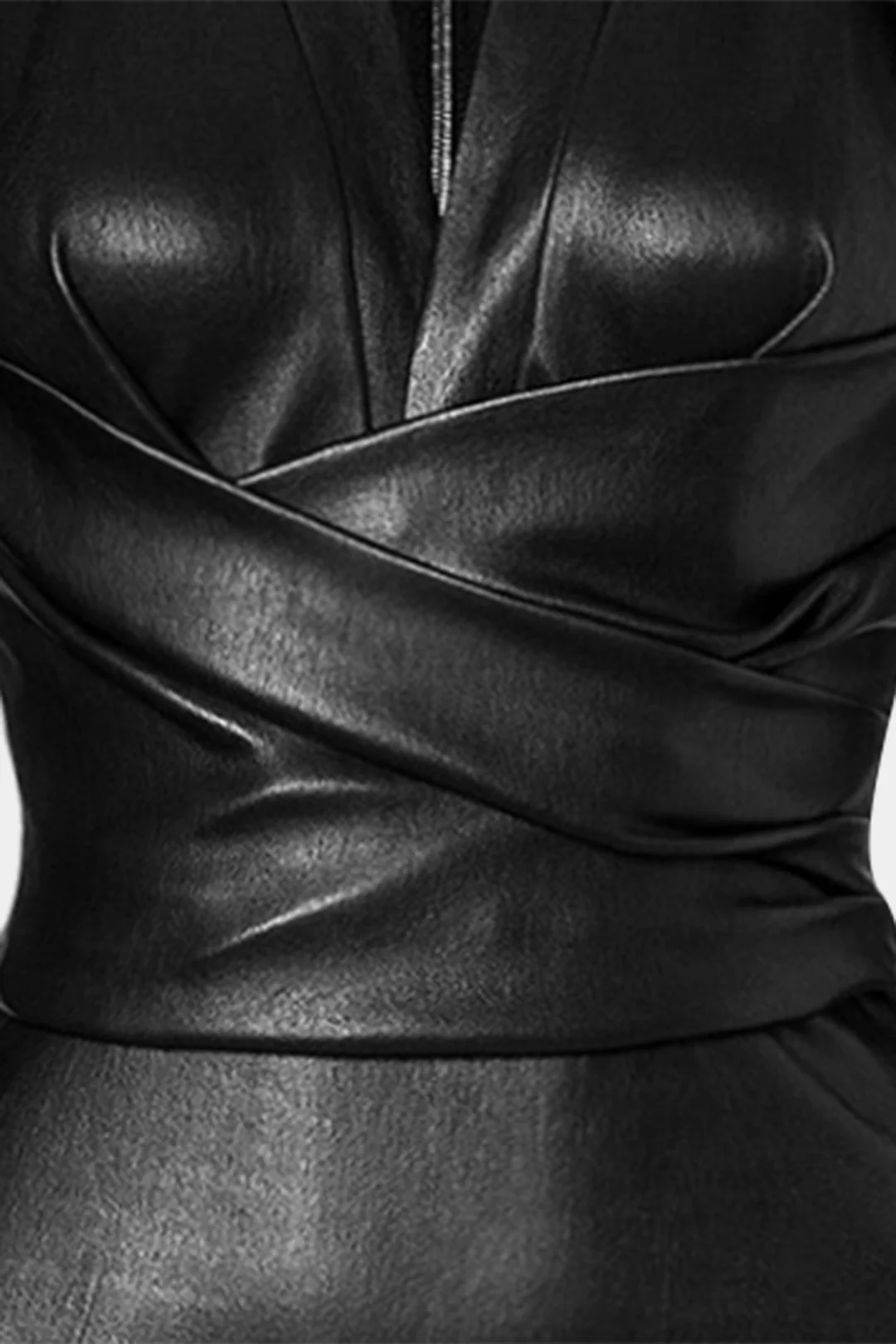 Faux Leather Crossed Ruched Long Sleeve Mini Dress - Weenar