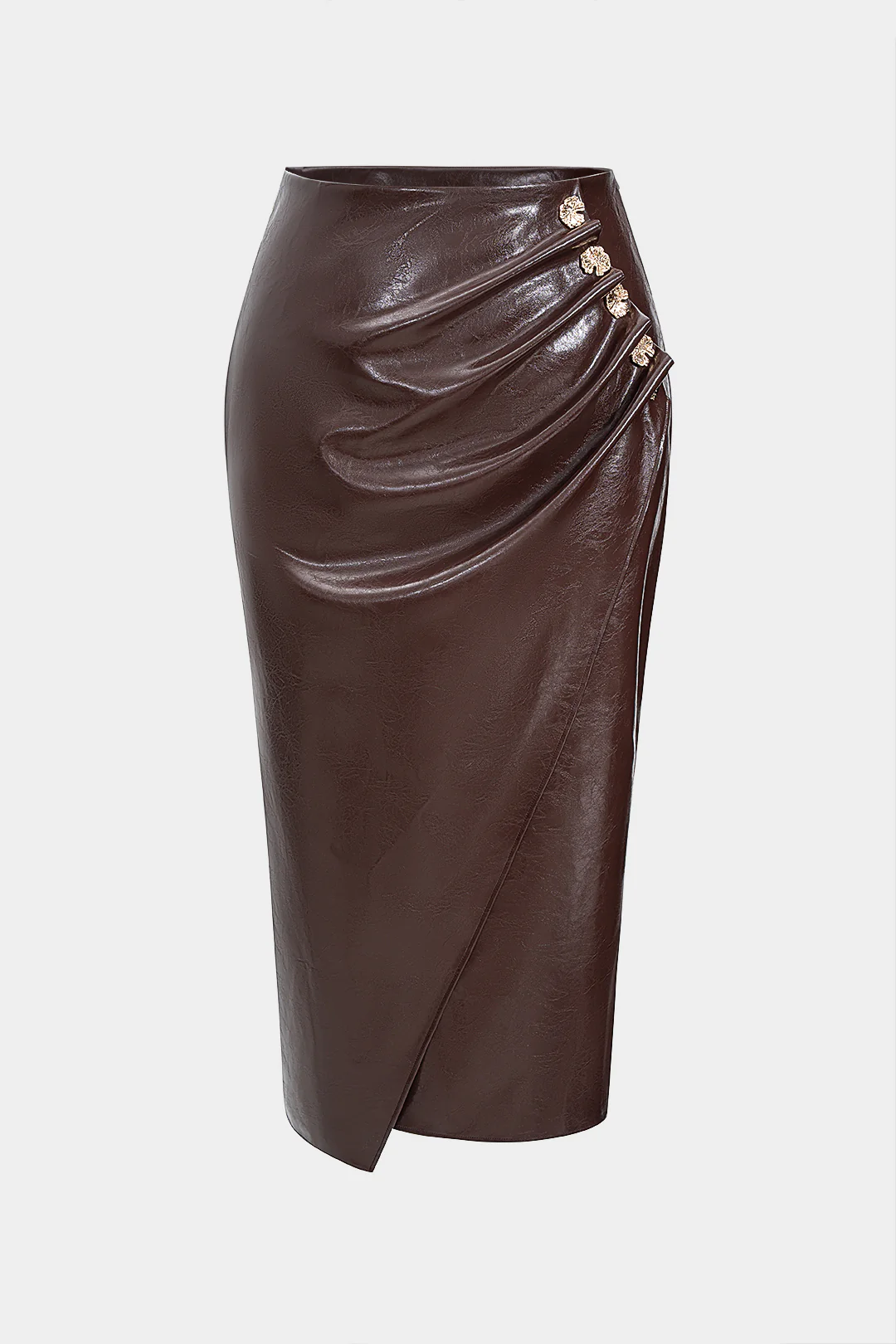 Plus Size Faux Leather Metallic Button Ruched Skirt - Weenar