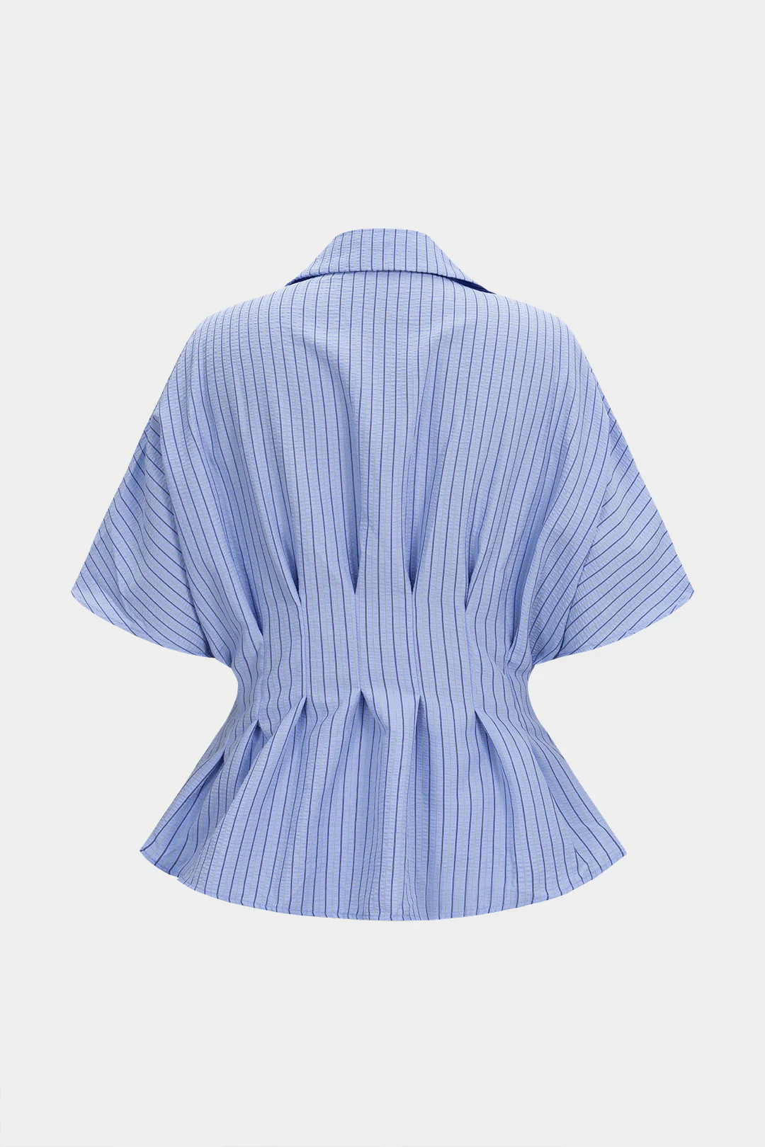 Stripes Print Lapel Ruched Short Sleeve Shirt - Weenar