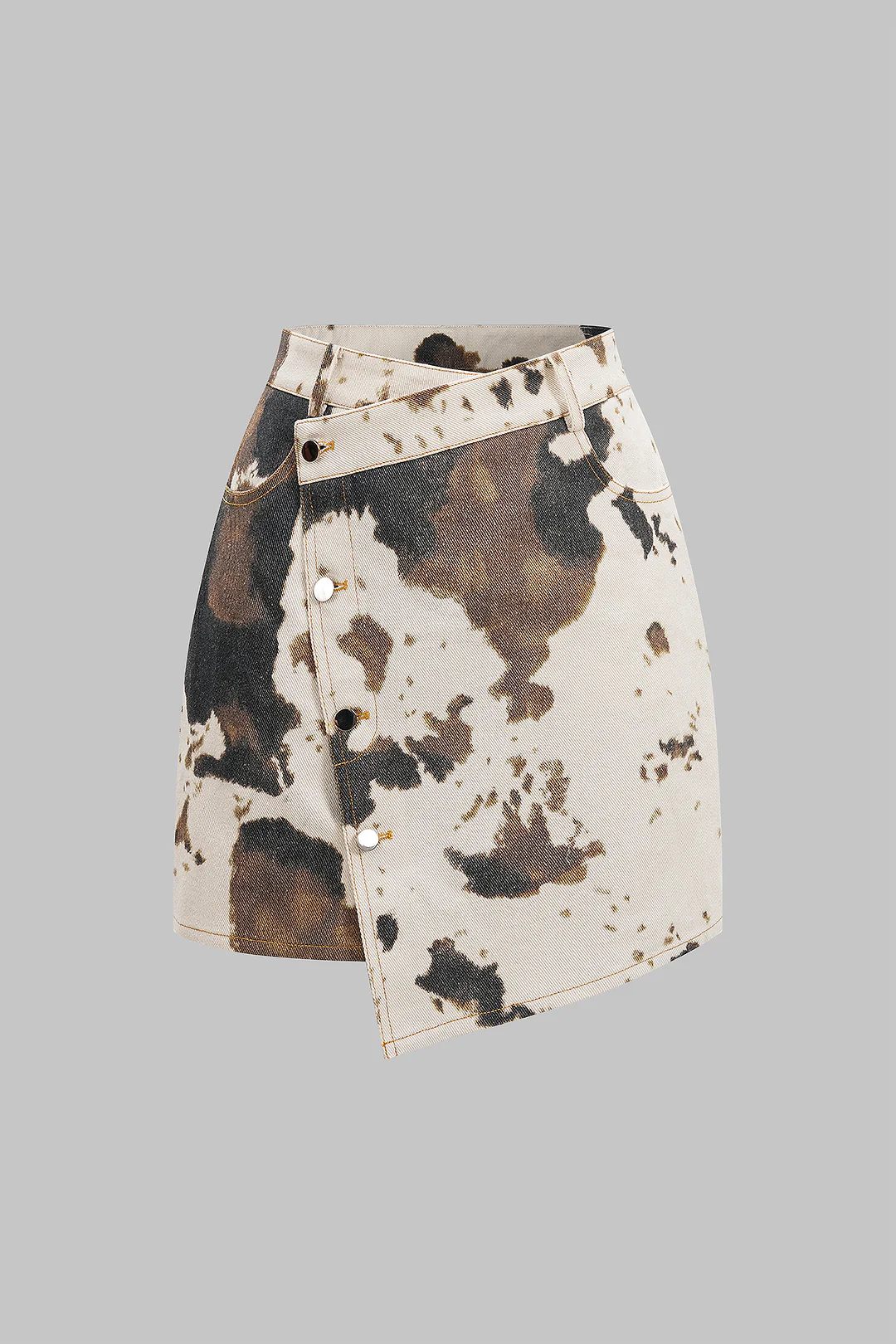 Denim Abstract Splatter Print Asymmetrical Button High Waist Skirt - Weenar