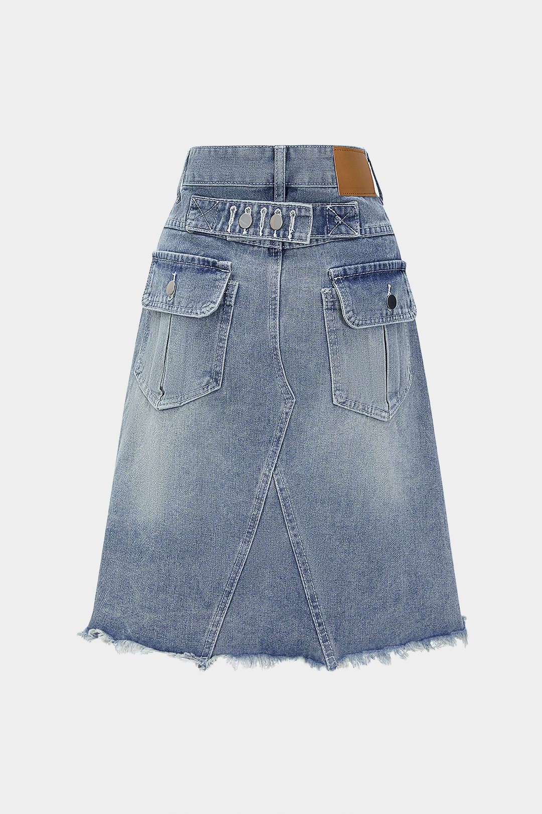 Denim High Waist Belted Frayed Skirt - Weenar