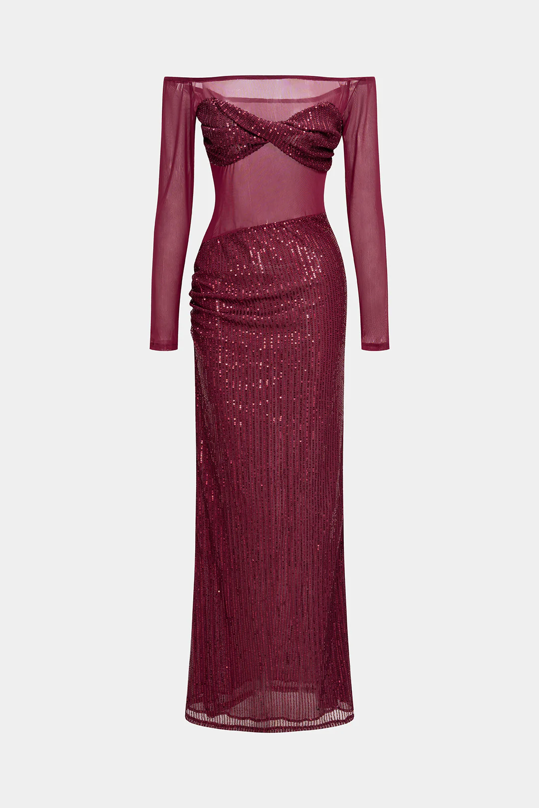 Mesh Patchwork Sequin Off Shoulder Ruched Long Sleeve Maxi Dress - Weenar