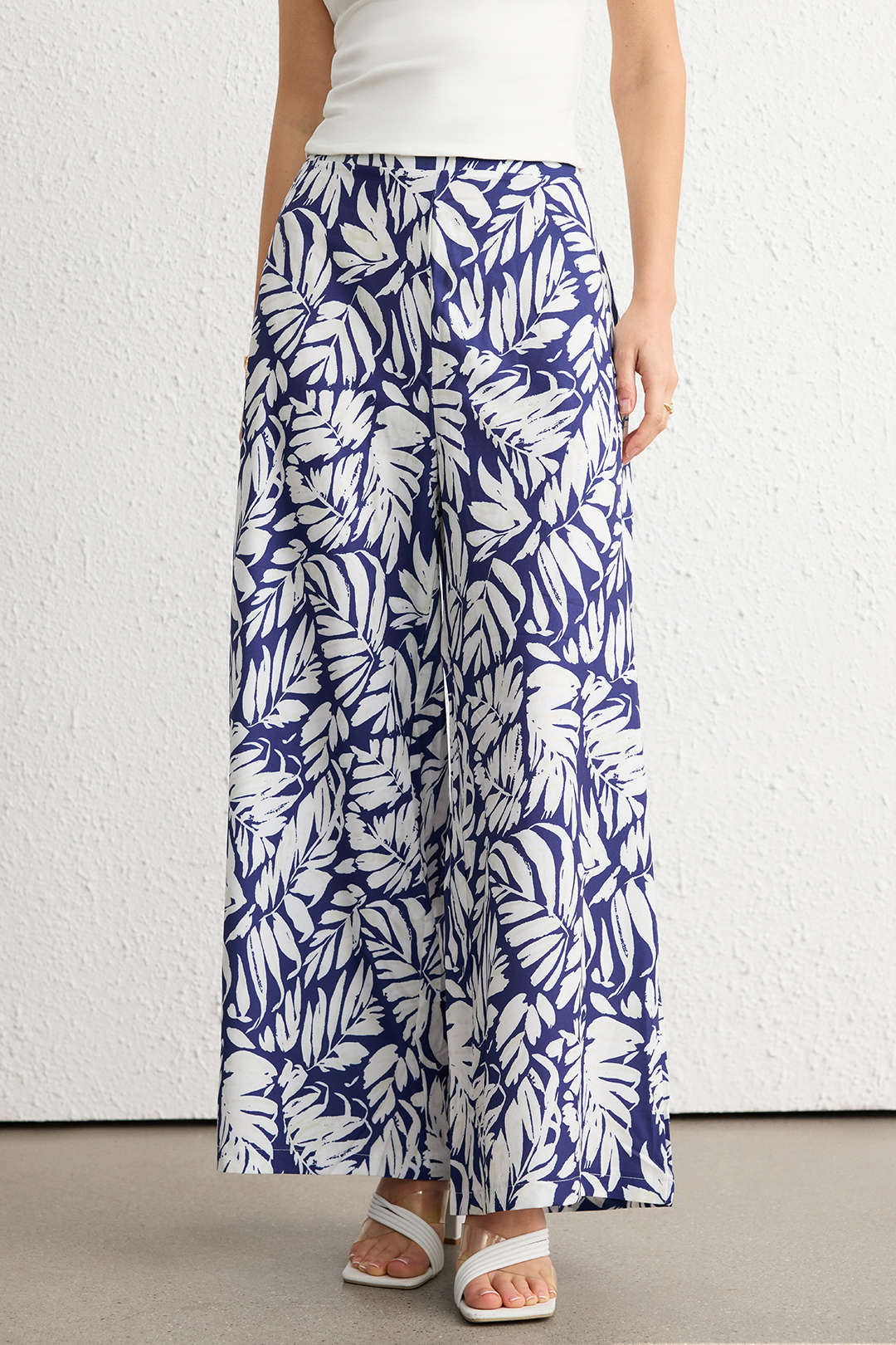 Leaves Print Shirred Waistband Wide Leg Pants - Weenar