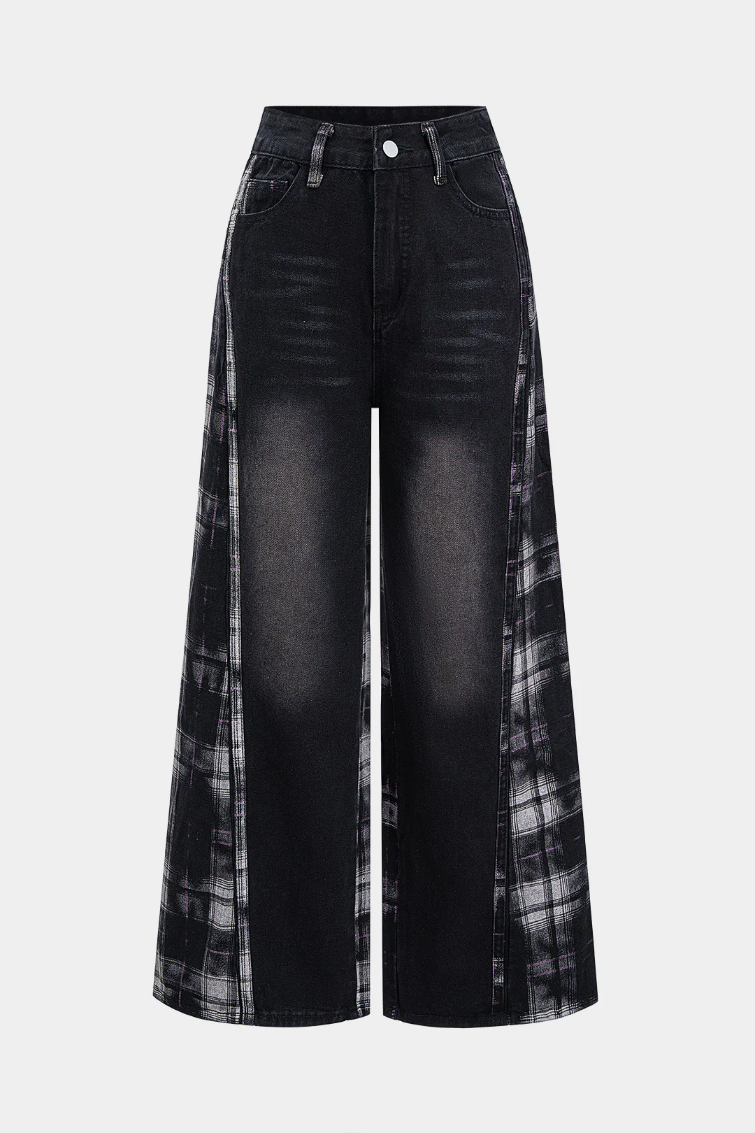 Plaid Print Denim Patchwork Zipper Straight Leg Jeans - Weenar