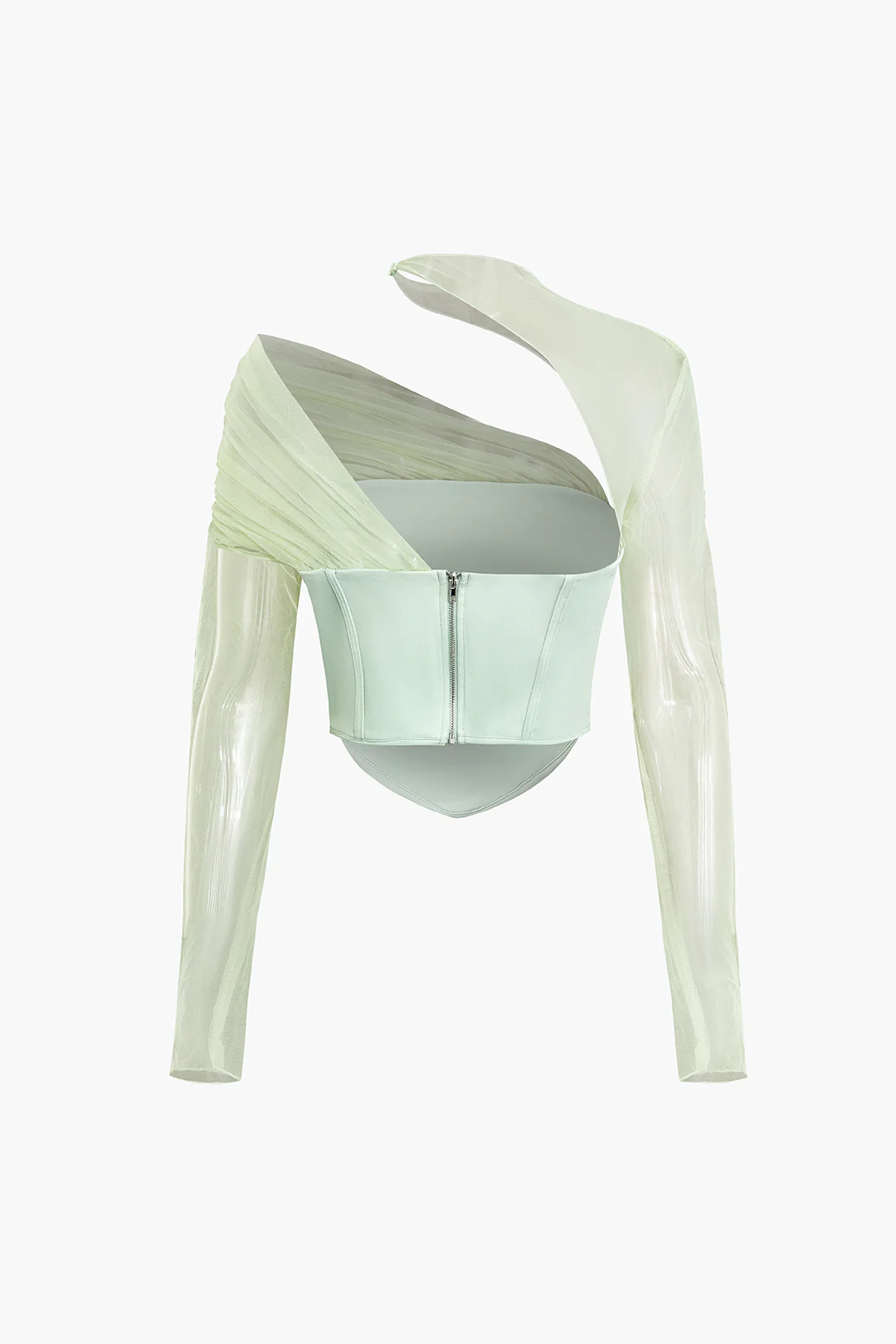 Mesh Ruched Asymmetrical Zipper Long-Sleeve Top - Weenar