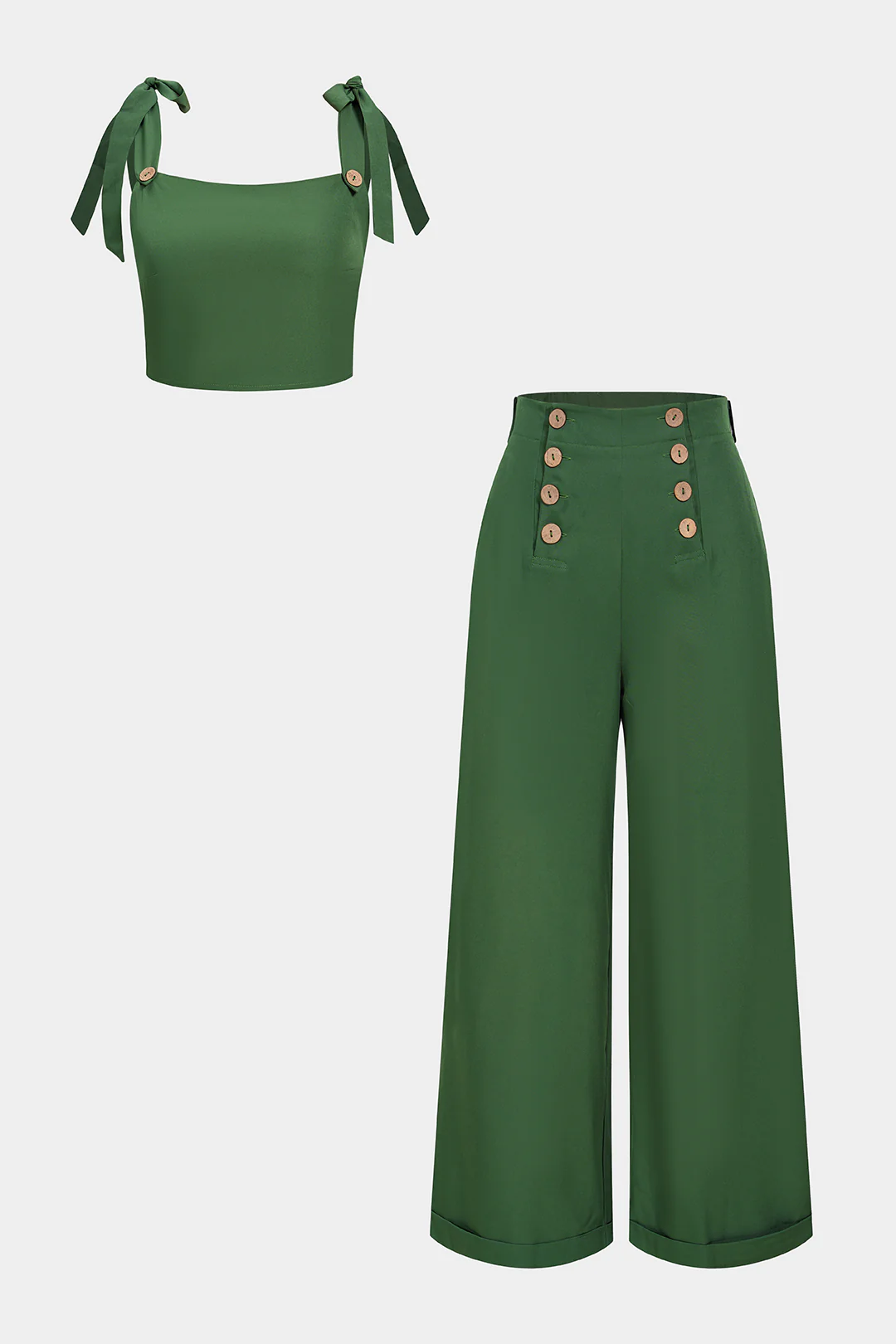 Tie-Up Button Smocked Cami Top And High Waist Wide Leg Pants Set - Weenar