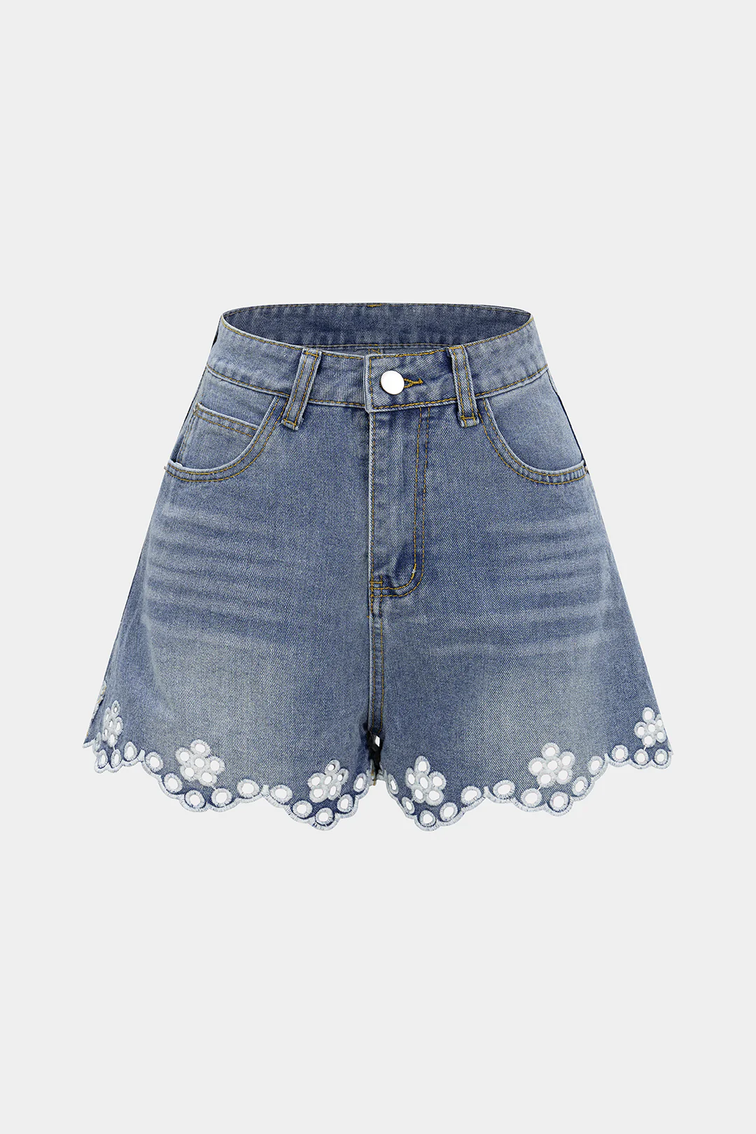 Denim Hollow Out Embroidery Floral Shorts - Weenar