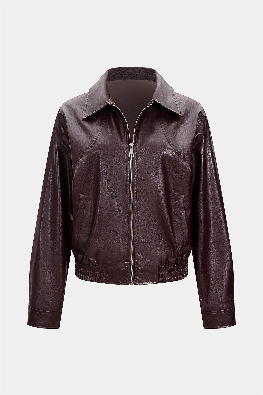 Faux Leather Smocked Zipper Jacket - Weenar