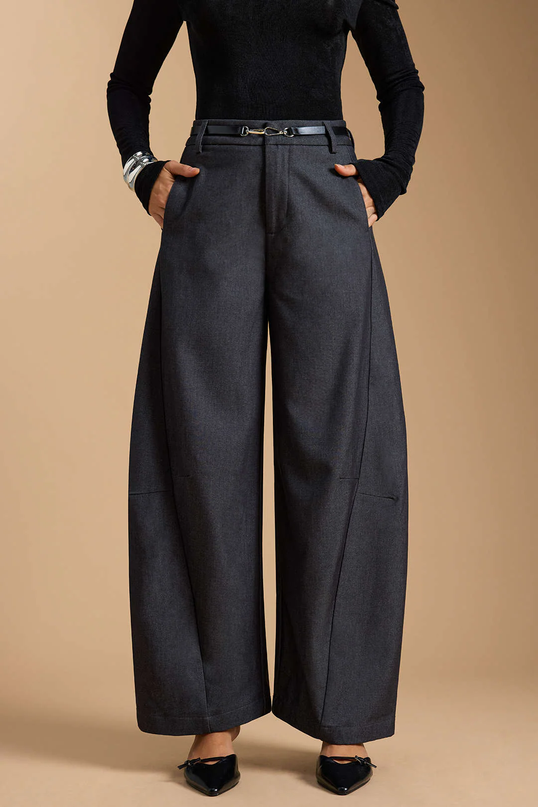 Zipper Belted Wide Leg Trousers - Weenar