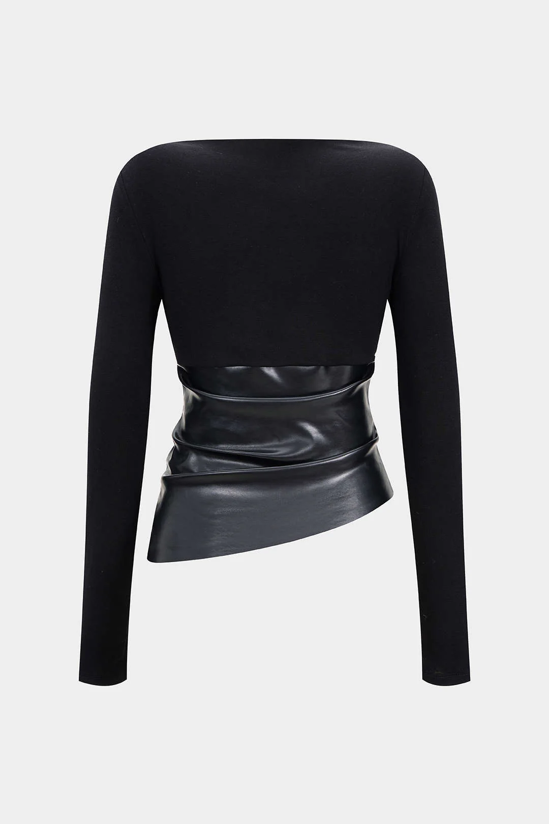 Faux Leather Patchwork Ruched Long-Sleeve Top - Weenar