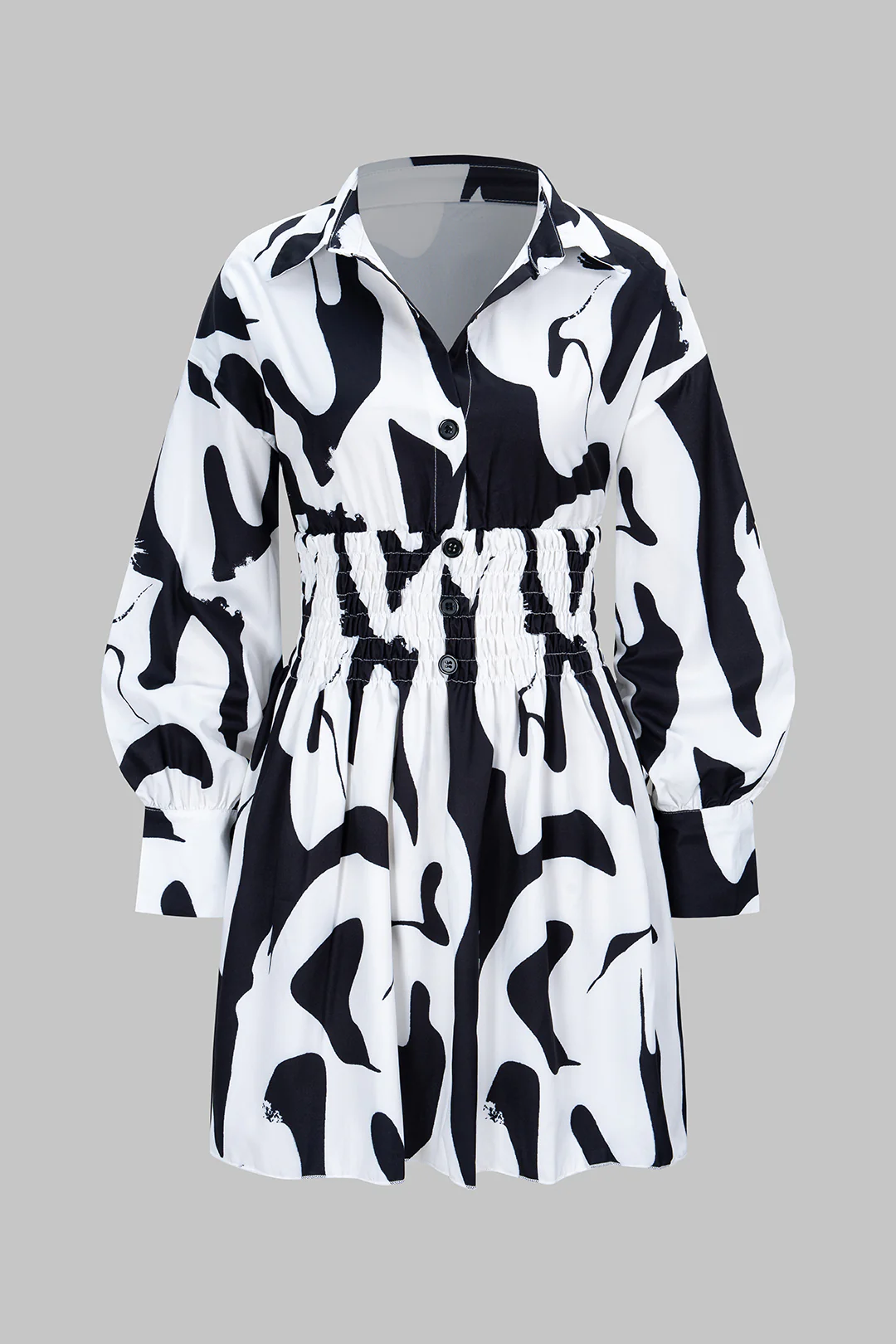 Geometric Print Polo Collar Waist-Cinching Long Sleeve Mini Dress - Weenar