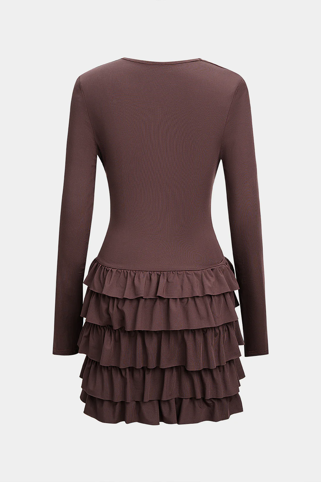Draped Cowl Neck Ruffle Layered Long Sleeve Mini Dress - Weenar