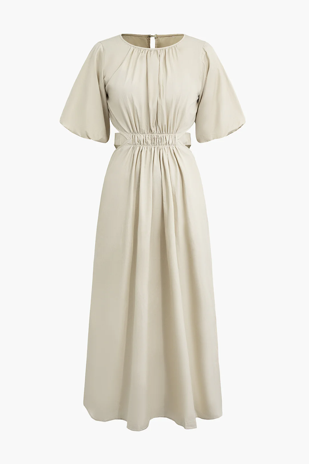 Round Neck Ruched Cut Out Tie Up  Puff Sleeve Midi Dress - Weenar