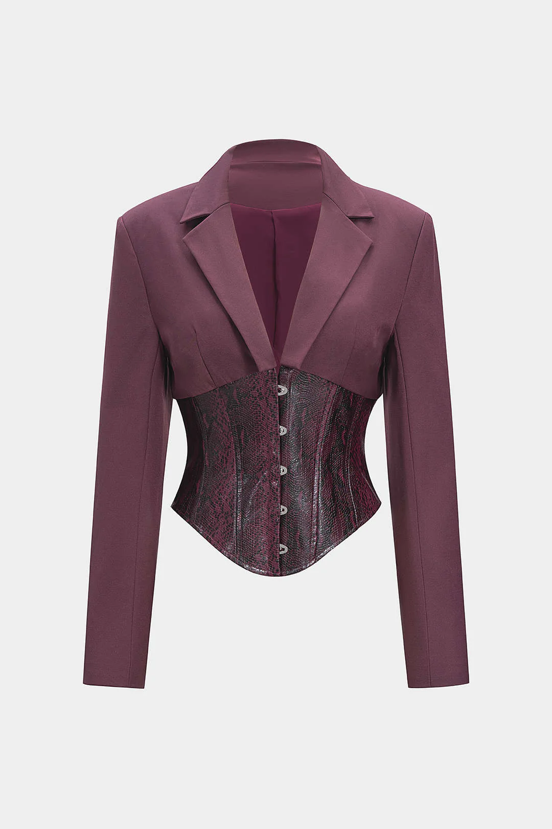 Snake Skin Print Faux Leather Hook And Eye Notched Lapel Blazer - Weenar