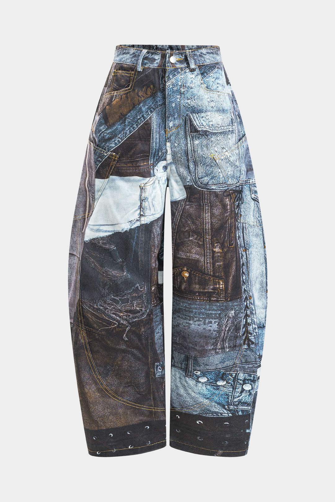 Abstract Print Button Pocket Wide Leg Barrel Trousers - Weenar